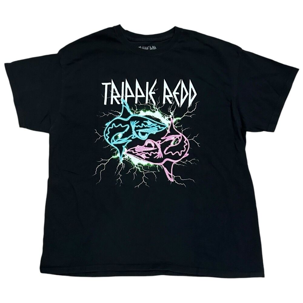 Trippie Redd Neon Sharks Graphic Band Tee Men’s XL‎ Black Streetwear Spencer's